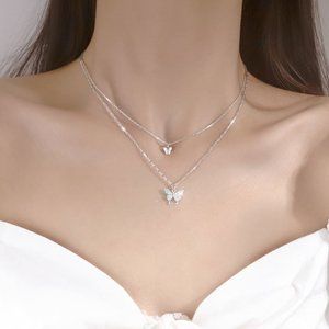 925 Sterling Silver Double Layers Butterfly symbol of youth Necklace Collar